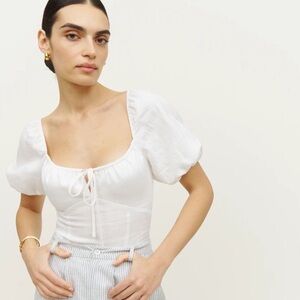 Reformation Rory Smocked Puff Sleeve Linen Top In White